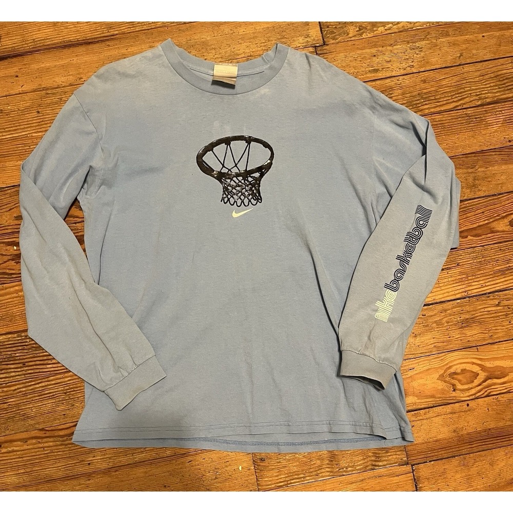 Vintage Y2K Nike T Shirt Men Large Blue Long Sleeve Graphic Logo Swoosh Grey Tag